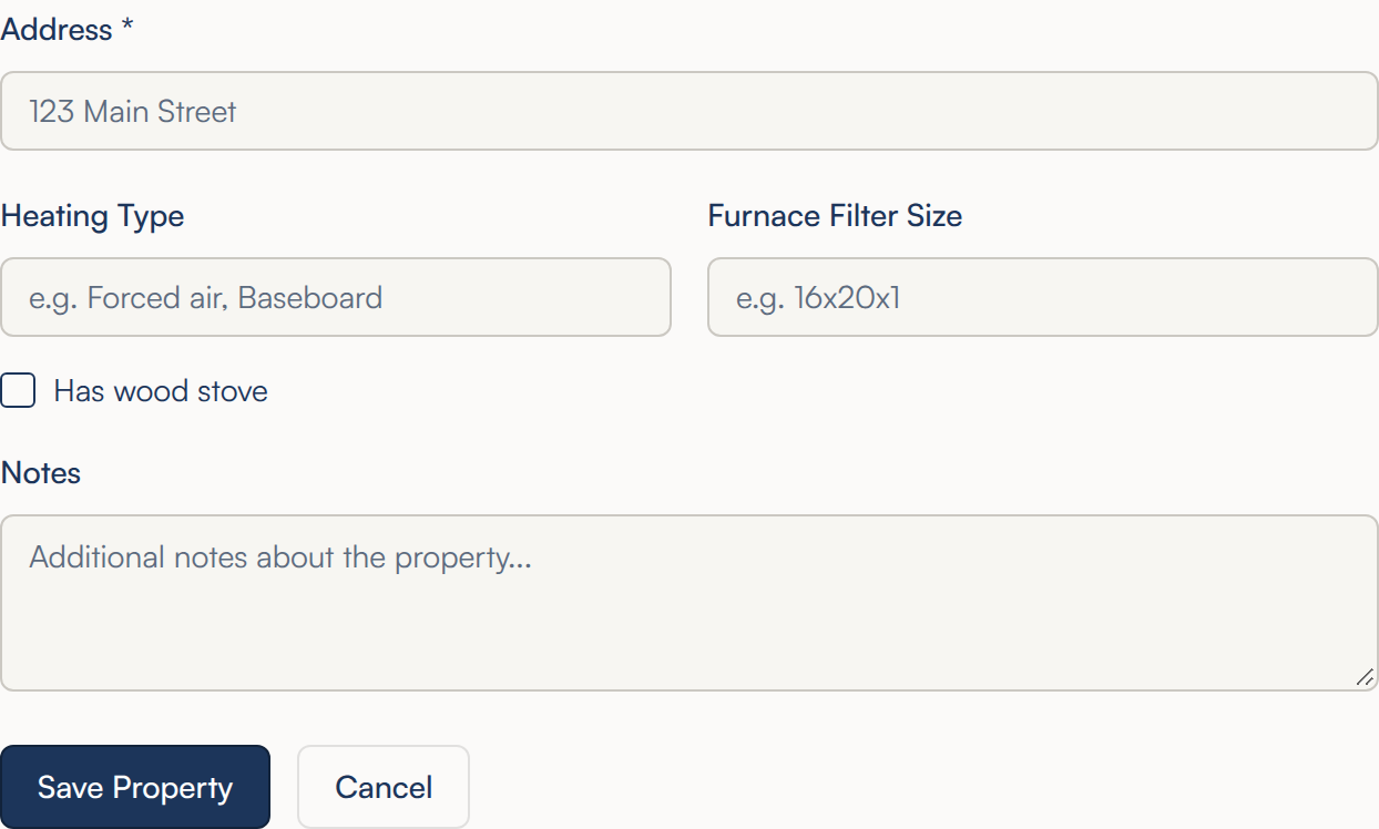 The Add New Property form with Address, Heating Type, Furnace Filter Size, a Has wood stove tick box, Notes, and Save Property and Cancel buttons