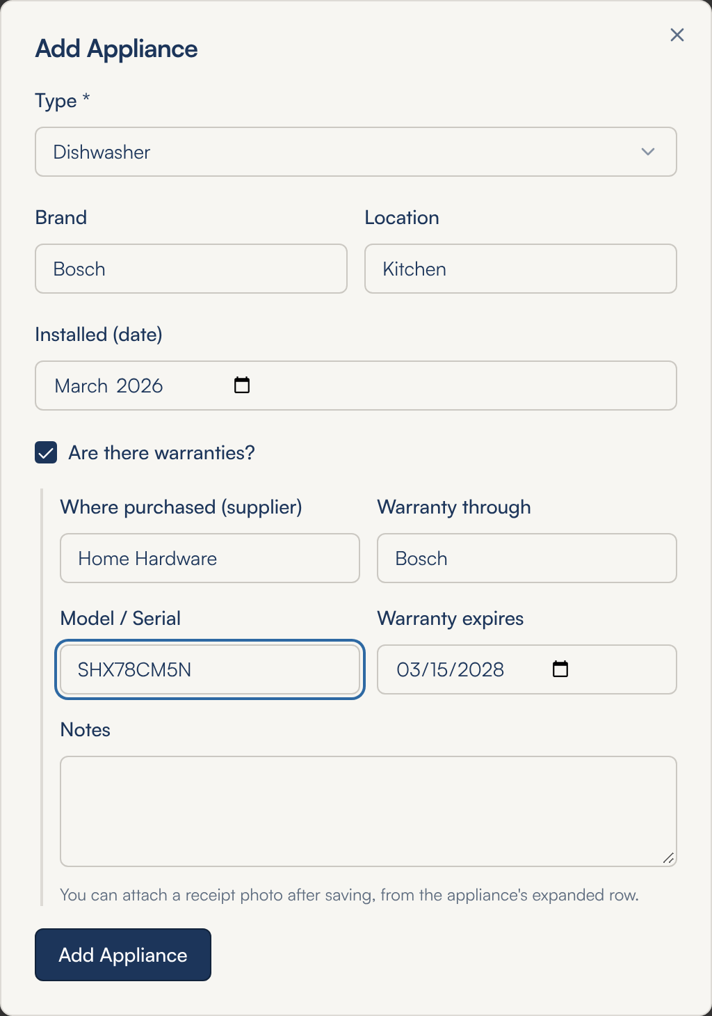 The Add Appliance window: Type set to Dishwasher, Brand Bosch, Location Kitchen, Installed March 2026, the Are there warranties? box ticked, and below it Where purchased, Warranty through, Model / Serial, Warranty expires and Notes, with an Add Appliance button