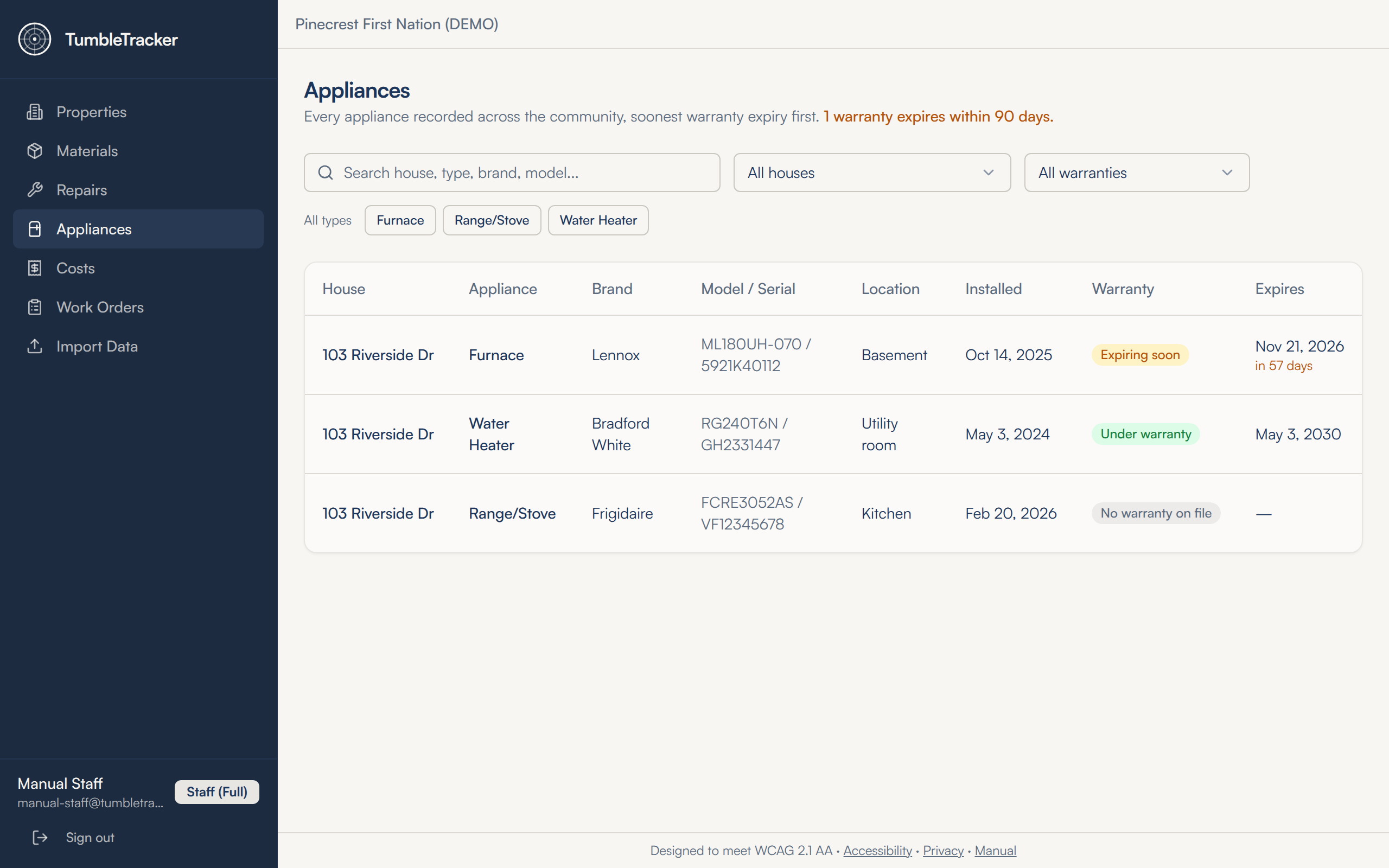The Appliances screen: a search box, All houses and All warranties dropdowns, type buttons for Furnace, Range/Stove and Water Heater, and a table of appliances with house, brand, model, location, install date, warranty label and expiry date