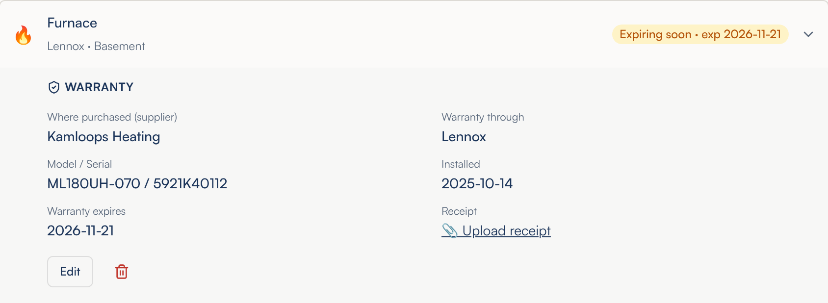 The Furnace row opened: an amber Expiring soon label, and under WARRANTY the supplier, who the warranty is through, the model and serial, the install date, the expiry date, an Upload receipt link, and Edit and delete buttons