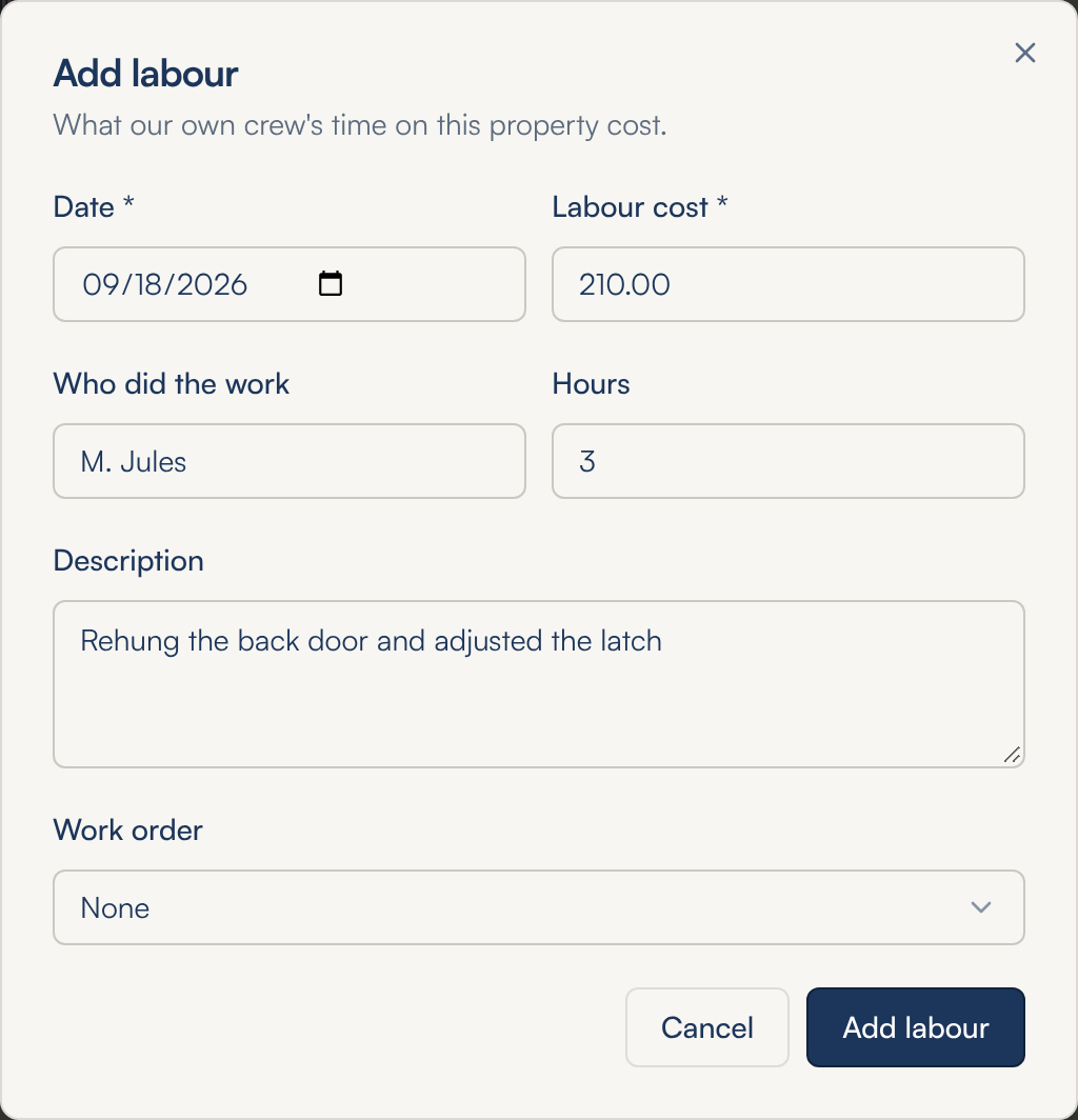 The Add labour window: Date 09/18/2026, Labour cost 210.00, Who did the work M. Jules, Hours 3, the Description Rehung the back door and adjusted the latch, Work order None, and Cancel and Add labour buttons
