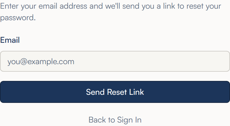 The Reset Password screen with an Email field and a Send Reset Link button
