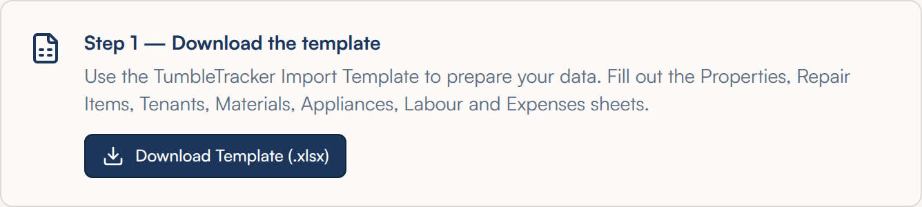 The Step 1 — Download the template box on the Bulk Import screen, with a Download Template (.xlsx) button