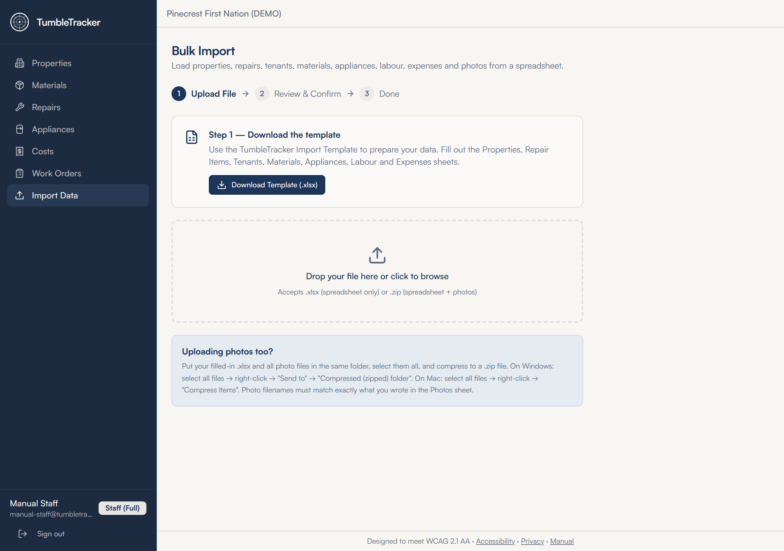 The Bulk Import screen: steps Upload File, Review & Confirm and Done across the top, a Step 1 — Download the template box, a dashed box reading Drop your file here or click to browse, and an Uploading photos too? note