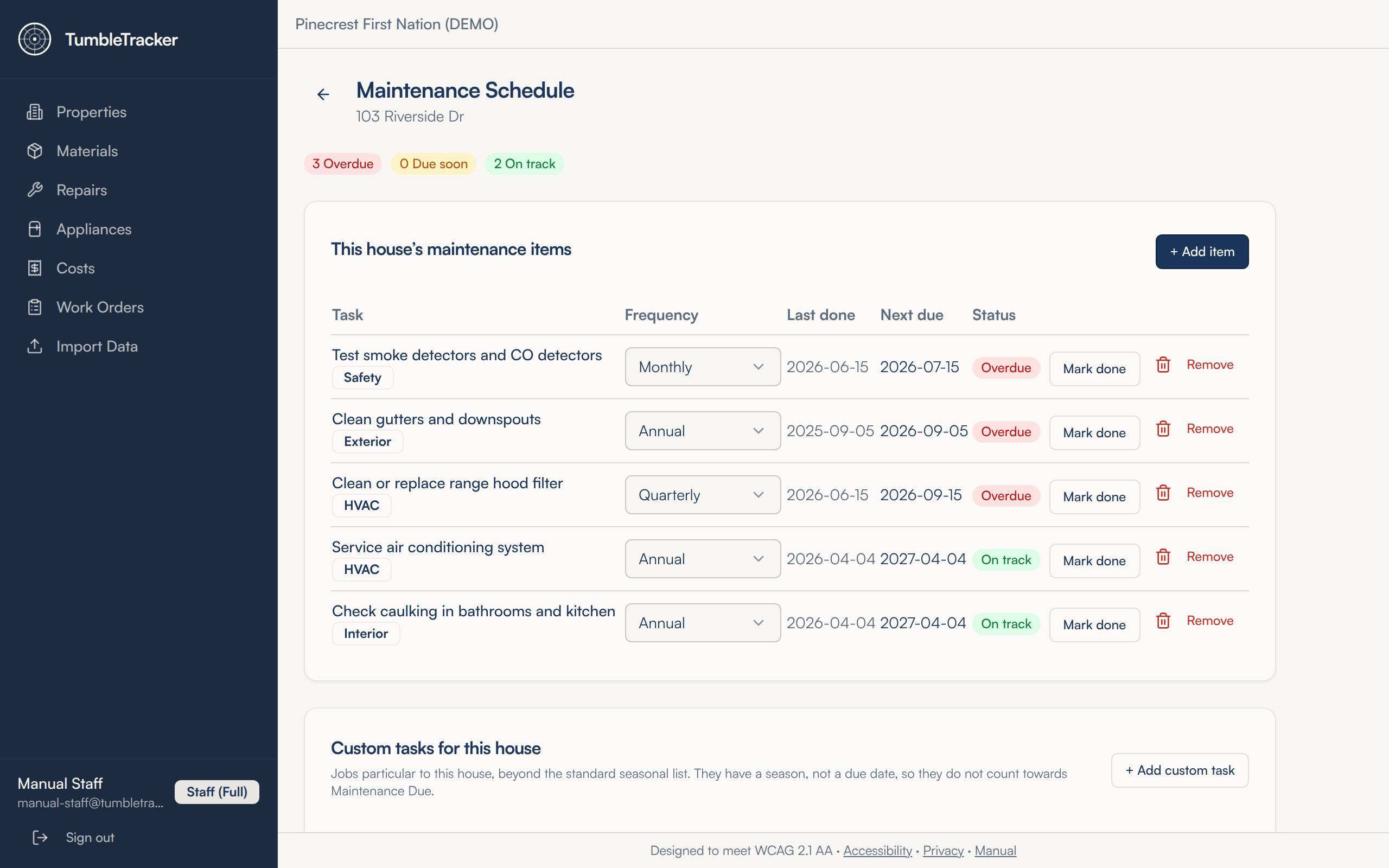 The Maintenance Schedule for 103 Riverside Dr: counts of 3 Overdue, 0 Due soon and 2 On track, then five tasks, each with a frequency dropdown, last done and next due dates, a status label, and Mark done and Remove buttons