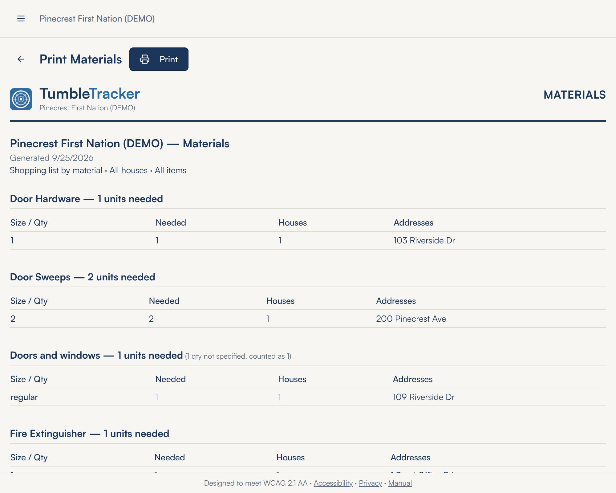 The Print Materials sheet with the TumbleTracker and community heading, the line Shopping list by material, All houses, All items, and tables of the materials needed per item type