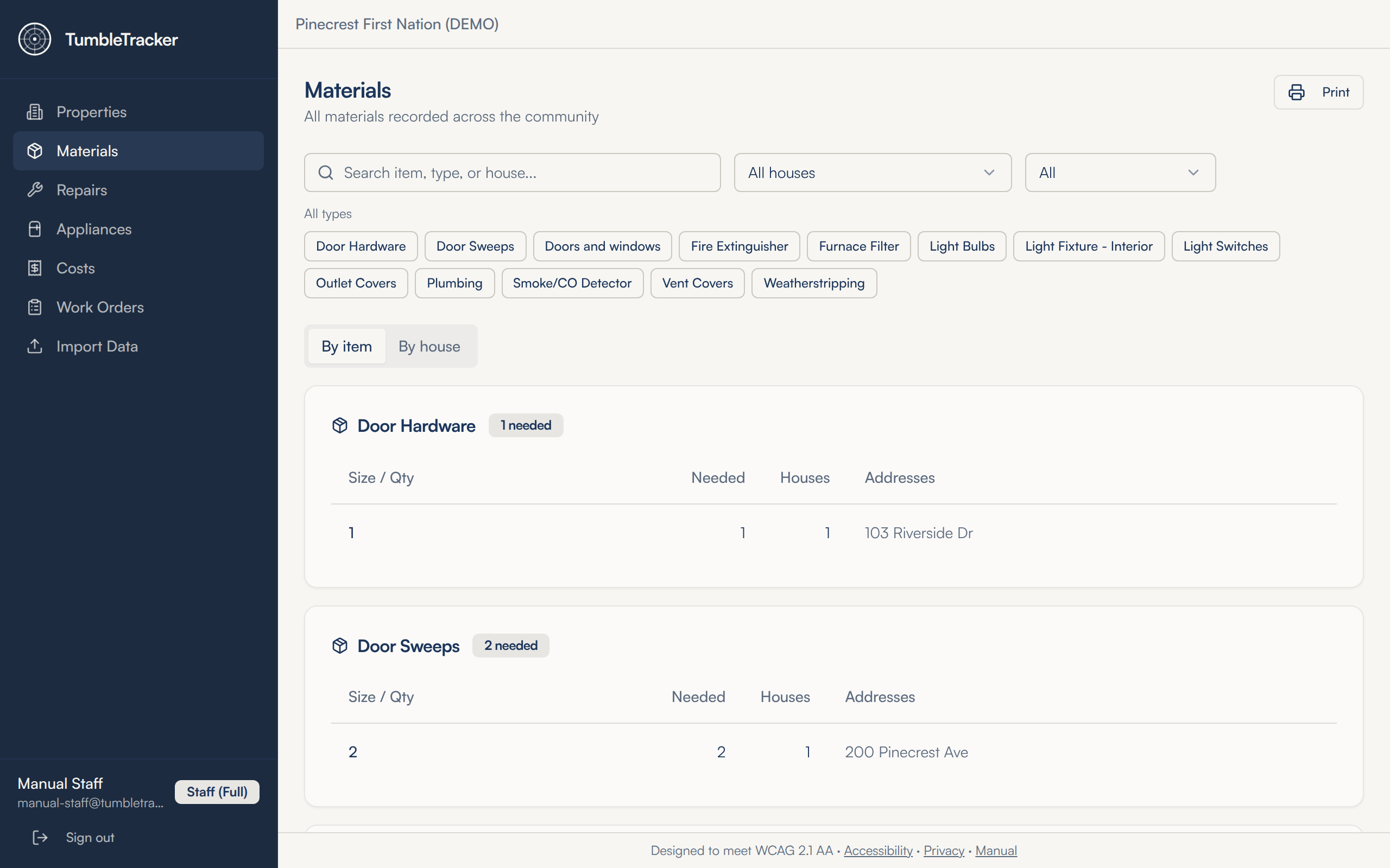 The Materials screen with a search box, an All houses dropdown, a purchase filter, item type chips, and the By item and By house tabs above the Door Hardware and Door Sweeps groups