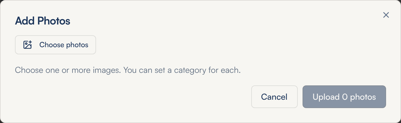 The Add Photos window with a Choose photos button, the line Choose one or more images. You can set a category for each, and Cancel and Upload buttons