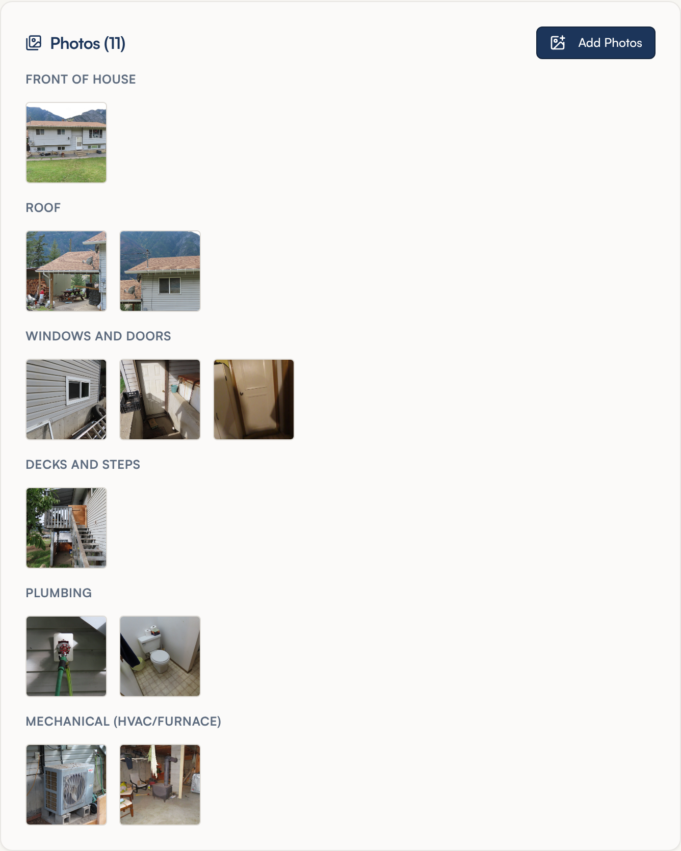 The Photos card for a house with 11 photos, thumbnails grouped under the headings Front of House, Roof, Windows and Doors, Decks and Steps, Plumbing and Mechanical (HVAC/furnace)
