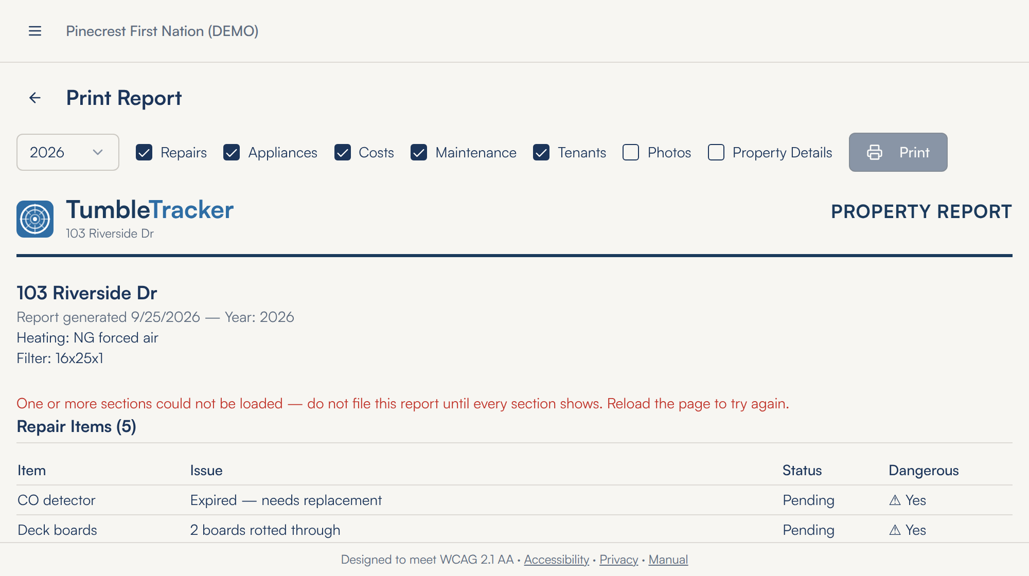 The Print Report screen for 103 Riverside Dr with a greyed-out Print button, and under the report heading the red line One or more sections could not be loaded — do not file this report until every section shows. Reload the page to try again.