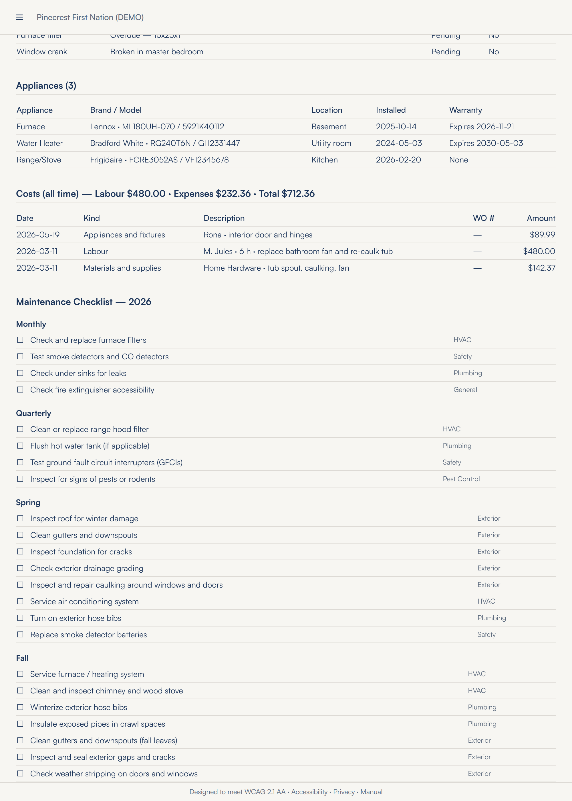 The top of the property report for 103 Riverside Dr: the PROPERTY REPORT banner, five repair items with two marked dangerous, three appliances, Costs (all time) with Labour $480.00, Expenses $232.36 and Total $712.36 over three entries, and the start of the 2026 maintenance checklist