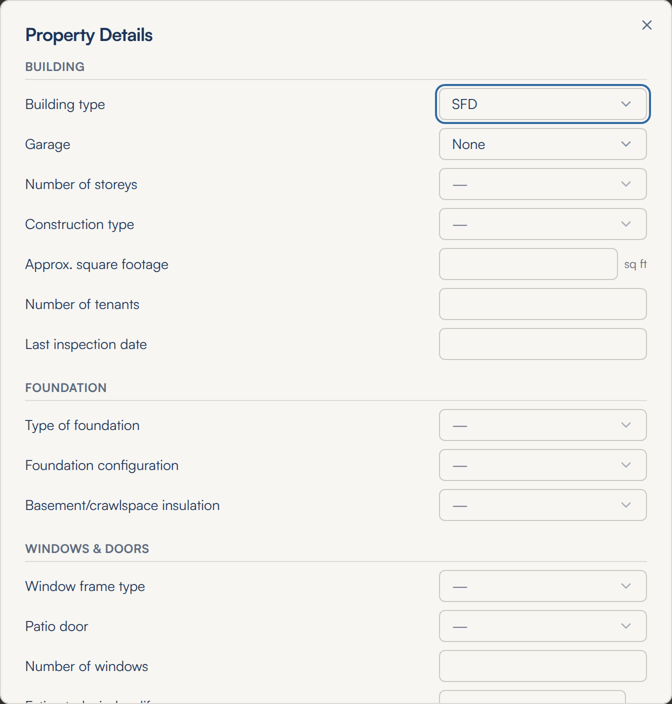 The Property Details window, showing the Building section (ending with a Last inspection date text box), then Foundation and Windows and Doors, with a dropdown or a number box beside each label