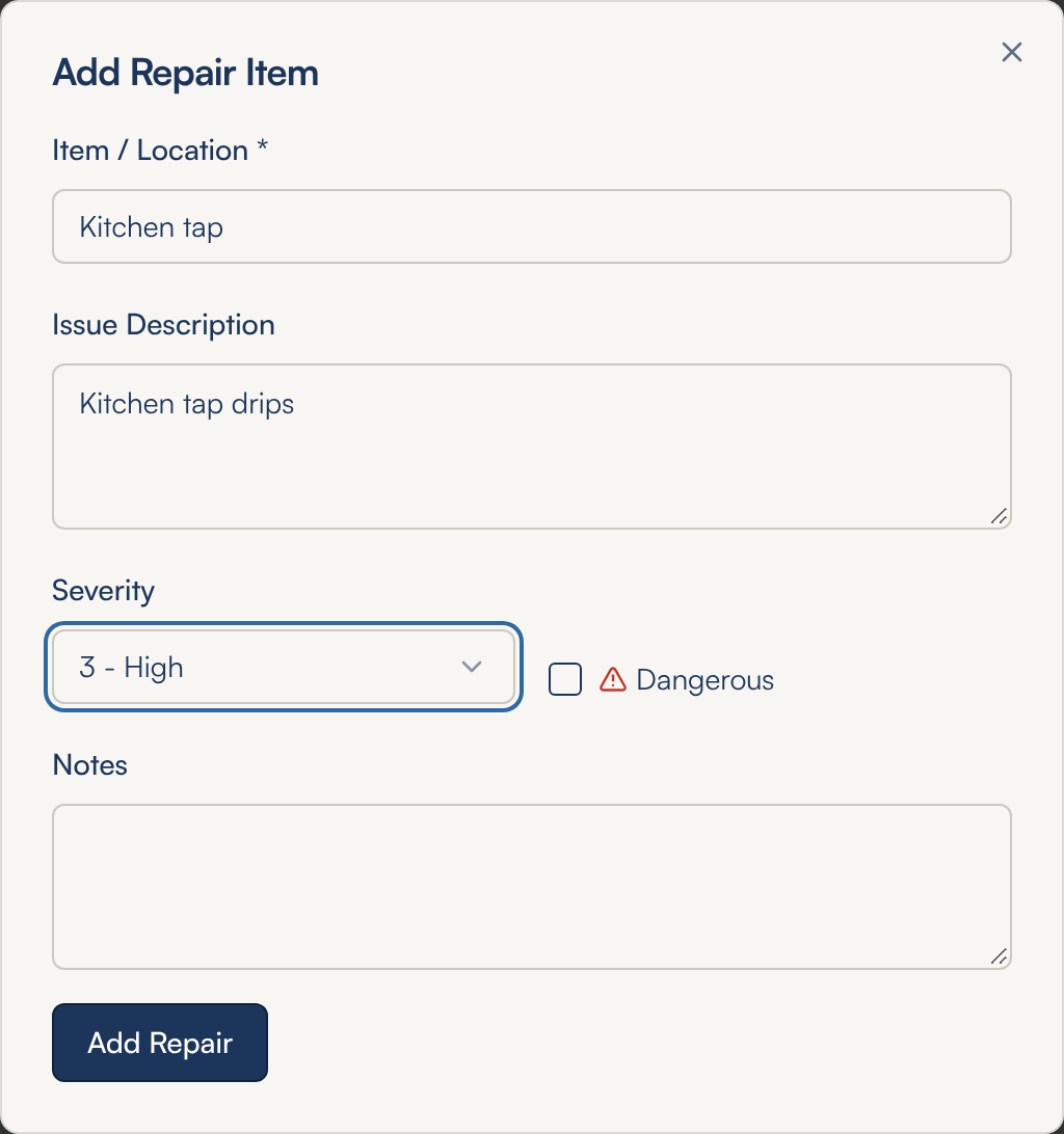 The Add Repair Item window with Item / Location, Issue Description, a Severity dropdown set to 3 - High, a Dangerous tick box, Notes, and an Add Repair button