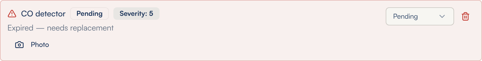 One repair row — CO detector, marked Pending with a Severity: 5 badge and a red warning triangle — with the status dropdown and a red delete bin on the right