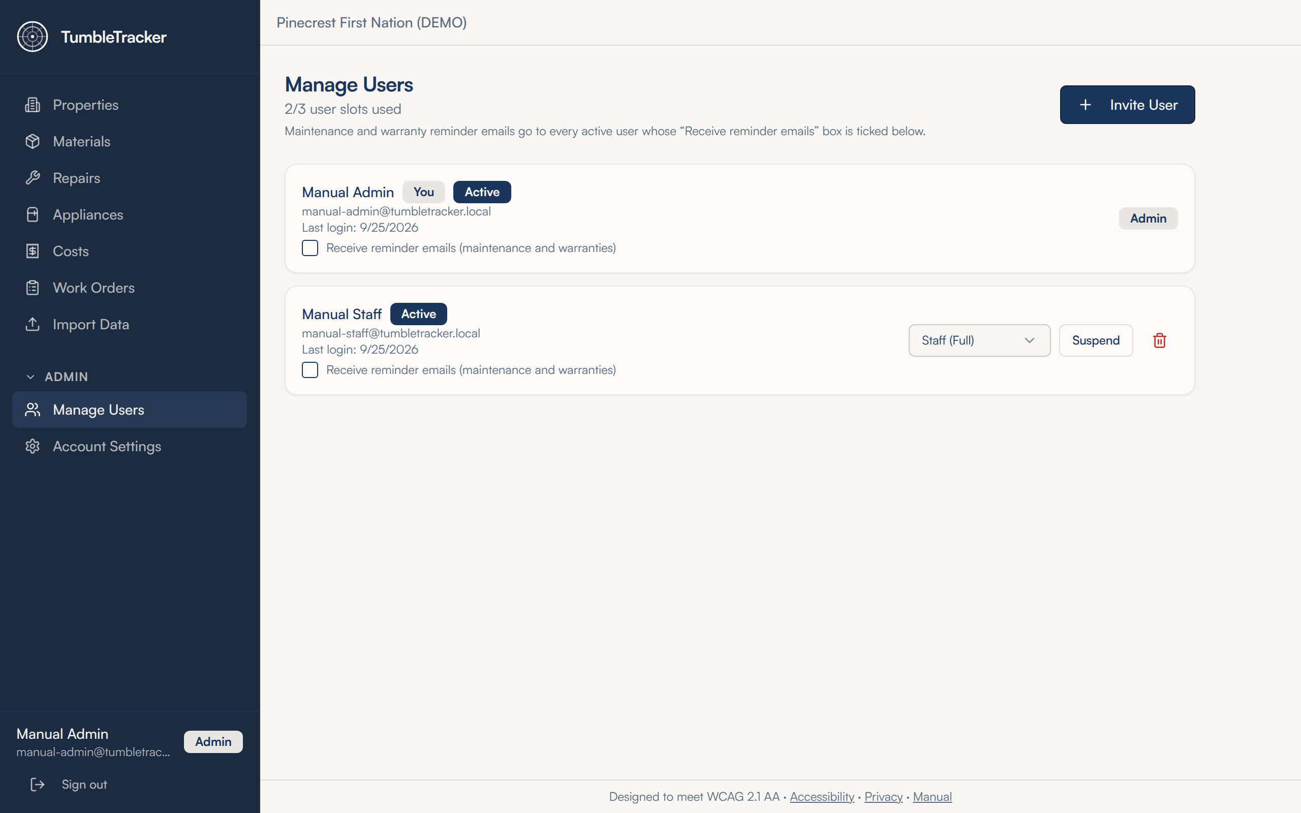 The Manage Users screen reading 2/3 user slots used, then the line Maintenance and warranty reminder emails go to every active user whose Receive reminder emails box is ticked below, with an Invite User button at the top right; Manual Admin carries You, Active and an Admin badge; Manual Staff carries Active, a Staff (Full) role dropdown, a Suspend button and a red bin; each card shows the email, the last login date and a Receive reminder emails (maintenance and warranties) tick box