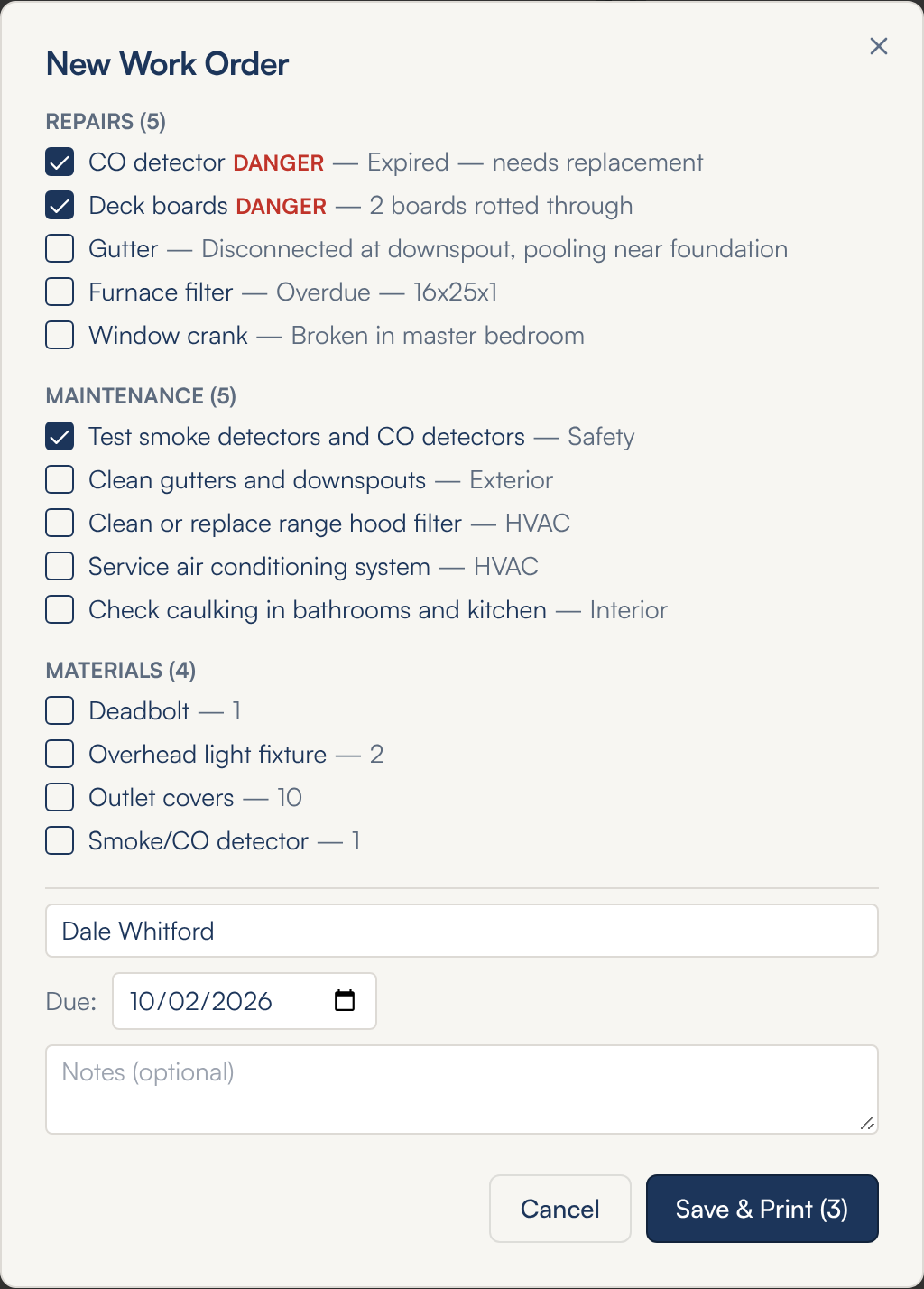 The New Work Order window for 103 Riverside Dr: five repairs with two dangerous ones ticked, five maintenance jobs with Test smoke detectors and CO detectors ticked, four materials, the worker name Dale Whitford, a due date, an empty Notes box, and Cancel and Save & Print (3) buttons