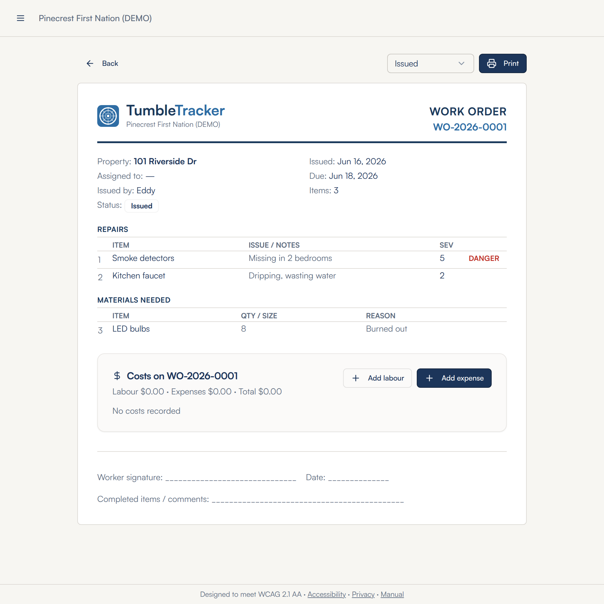 Work order WO-2026-0001 for 101 Riverside Dr, with Back at the top left and a status dropdown reading Issued beside the Print button at the top right: issued Jun 16 2026, due Jun 18 2026, issued by Eddy, 3 items, Status Issued — two repairs, one marked DANGER, and one material — a Costs on WO-2026-0001 card with Add labour and Add expense, and signature lines at the foot