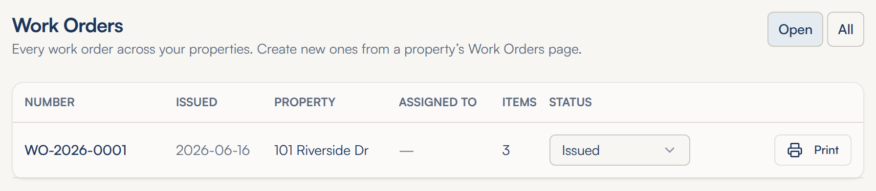 The Work Orders list with Open and All buttons at the top right, Open selected: one row, WO-2026-0001, issued 2026-06-16, for 101 Riverside Dr, assigned to no one, 3 items, a status dropdown reading Issued, and a Print button